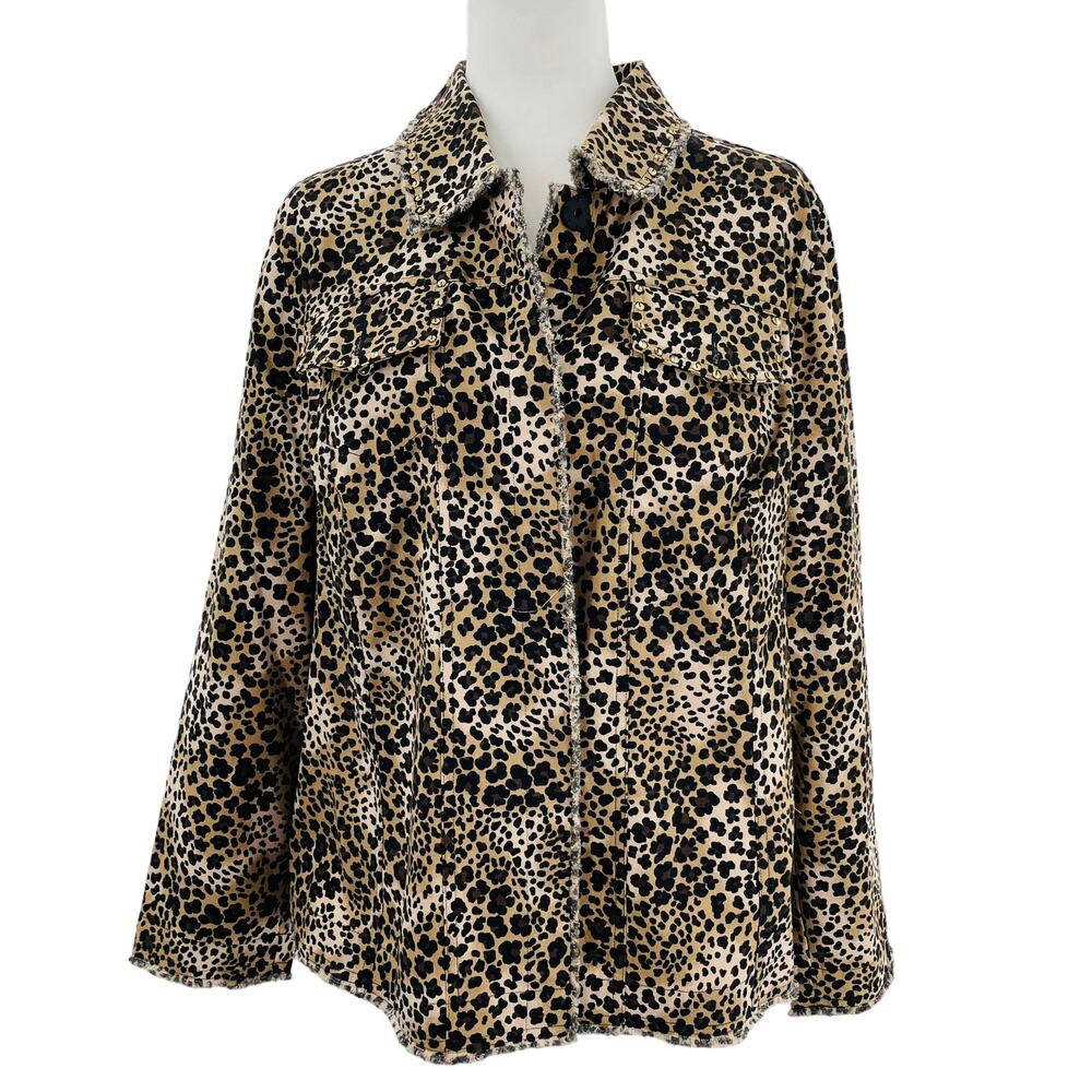 Laura Ashley Brown Leopard Sequin Raw Edge Trim Jacket Women Sz 2X